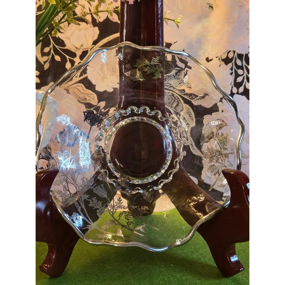 Vintage‎ Silver Overlay Clear Glass Ruffled Floral Poppy Bowl Scalloped Rim